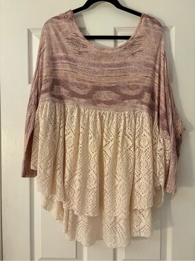 Free People Dusty Rose Knit Top with Cream Lace Peplum